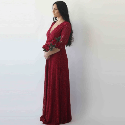 Abito bordeaux con corpetto in pizzo e maniche a tre quarti. - Because I'm Different shop