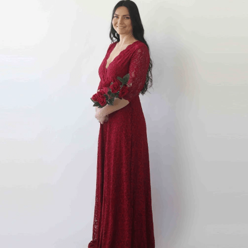 Abito bordeaux con corpetto in pizzo e maniche a tre quarti. - Because I'm Different shop