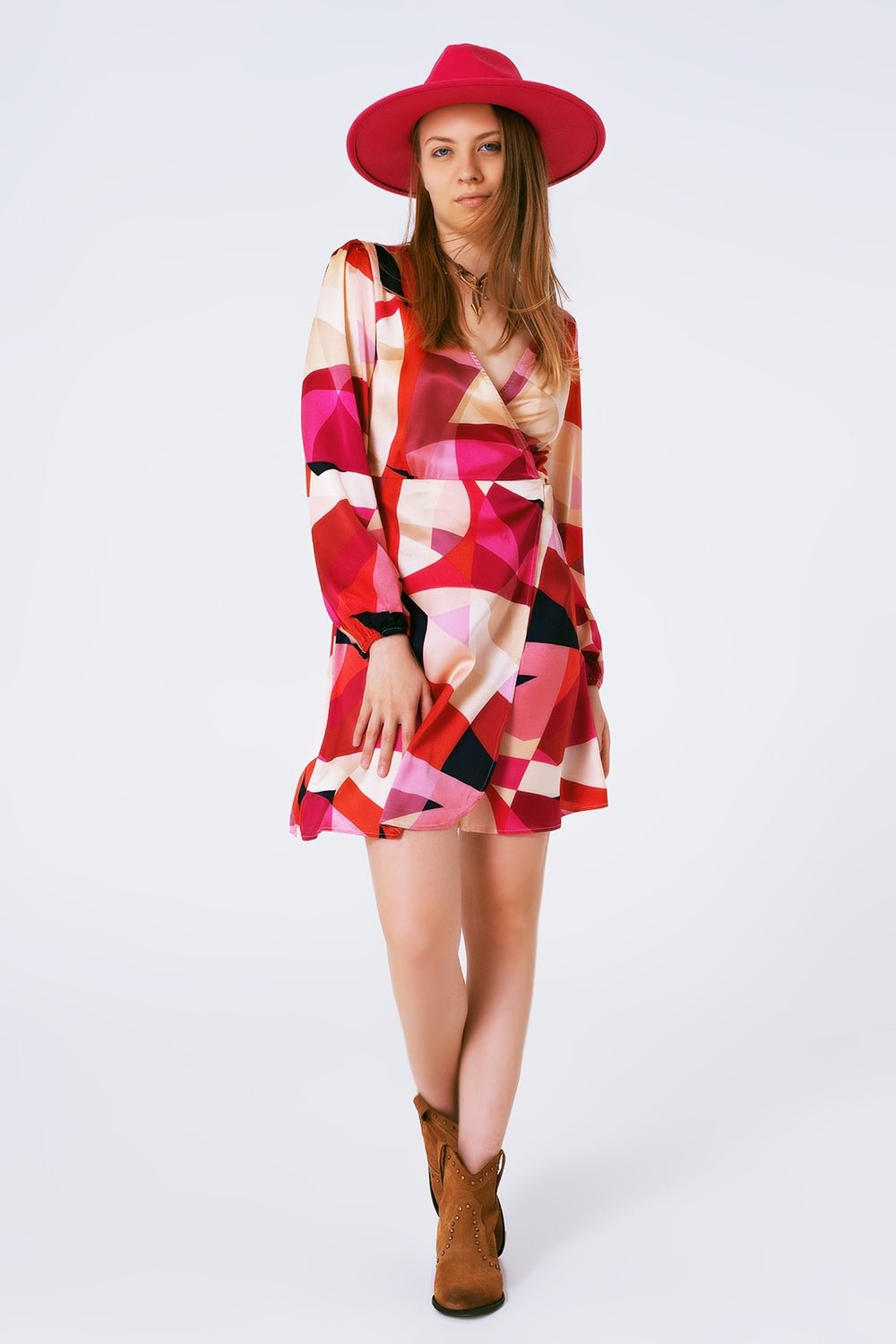 Abito corto incrociato con stampa astratta in fucsia - Because I'm Different shop