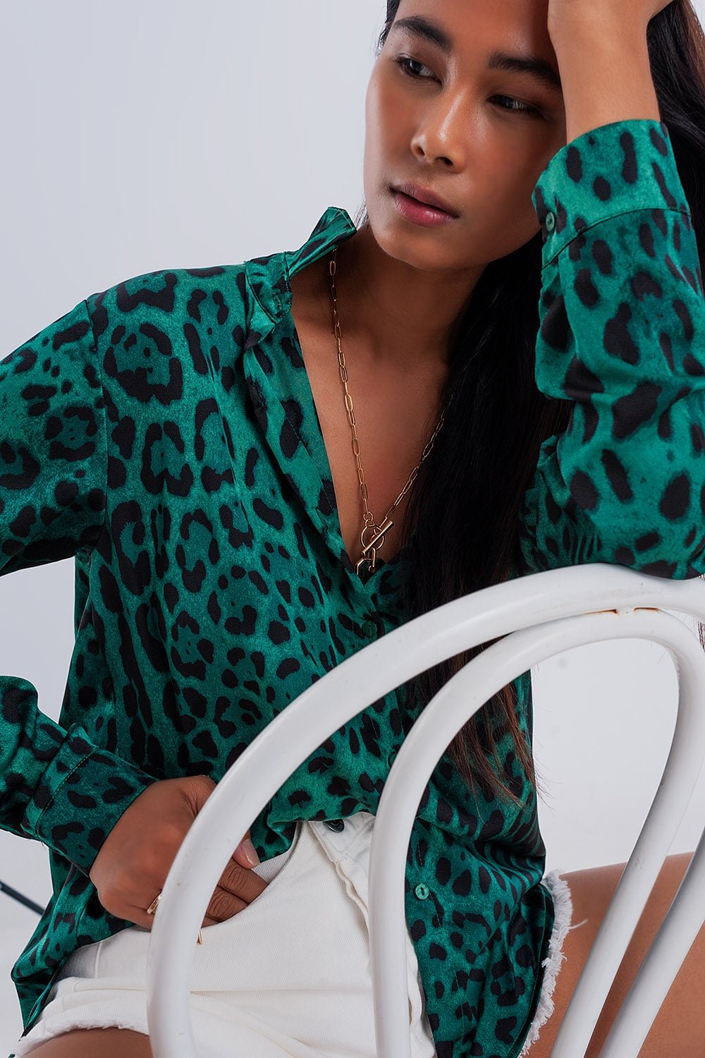 Camicia Morbida a Maniche Lunghe con Stampa Animalier Verde - Because I'm Different shop