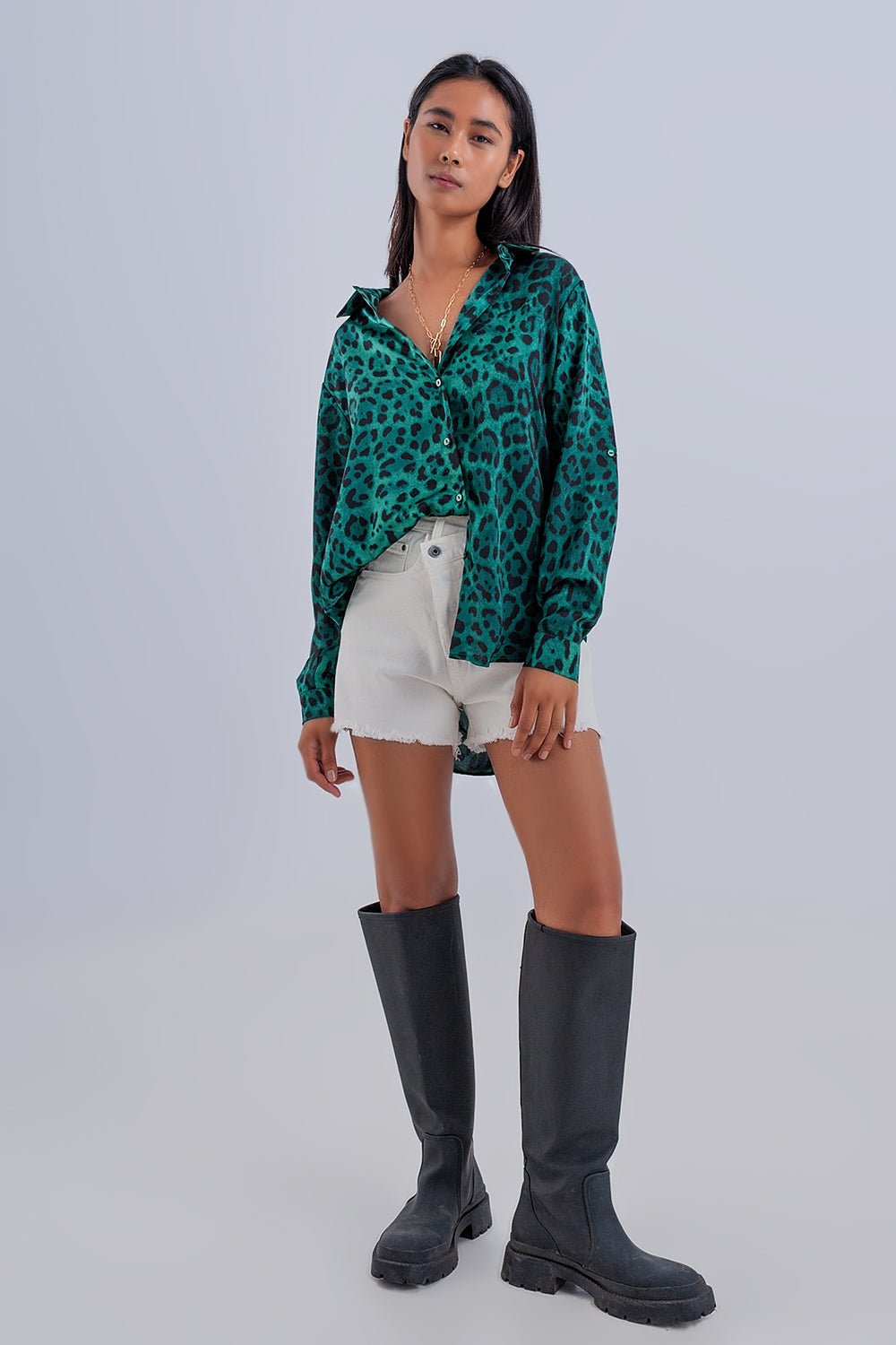 Camicia Morbida a Maniche Lunghe con Stampa Animalier Verde - Because I'm Different shop