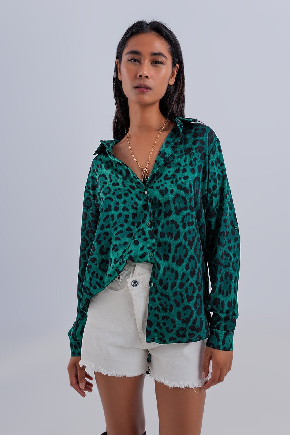 Camicia Morbida a Maniche Lunghe con Stampa Animalier Verde - Because I'm Different shop