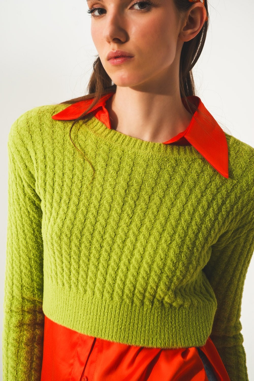 Maglione Crop a Treccia con Girocollo in Verde Lime - Because I'm Different shop