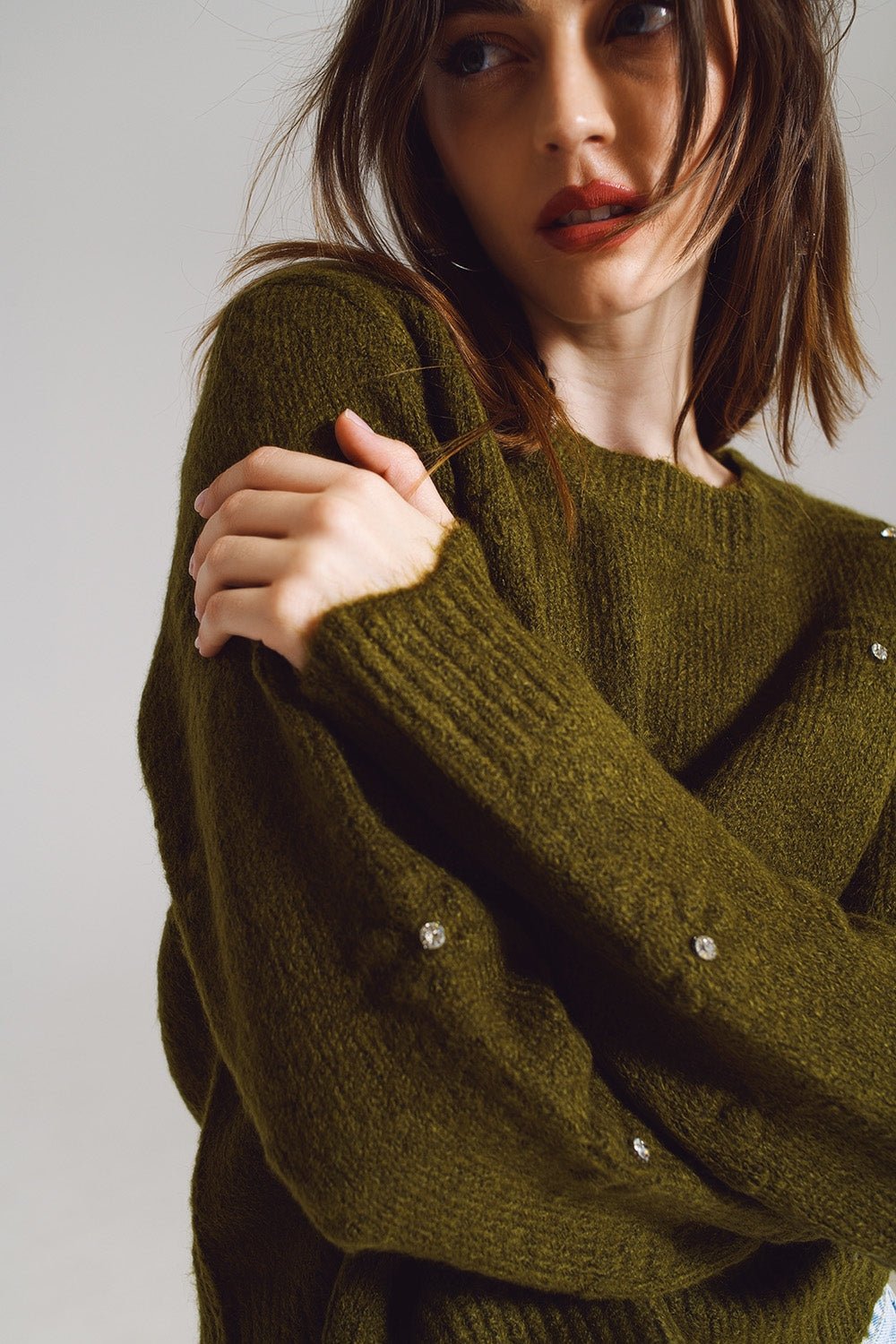 Maglione Lavorato a Maglia e Decorazioni con Strass in Colore Kaki - Because I'm Different shop