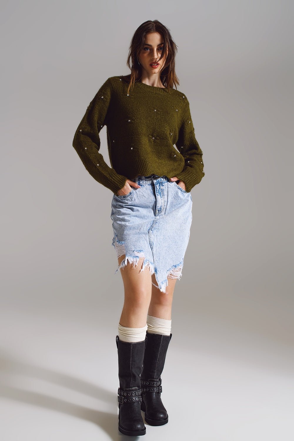 Maglione Lavorato a Maglia e Decorazioni con Strass in Colore Kaki - Because I'm Different shop