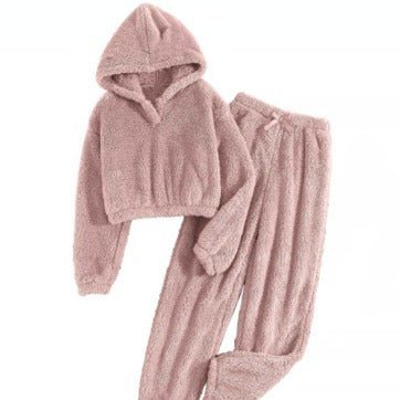 Set Due Pezzi da Donna per Autunno e Inverno: Nuovo Top Peloso con Cappuccio per il Tempo Libero a Casa - Because I'm Different shop