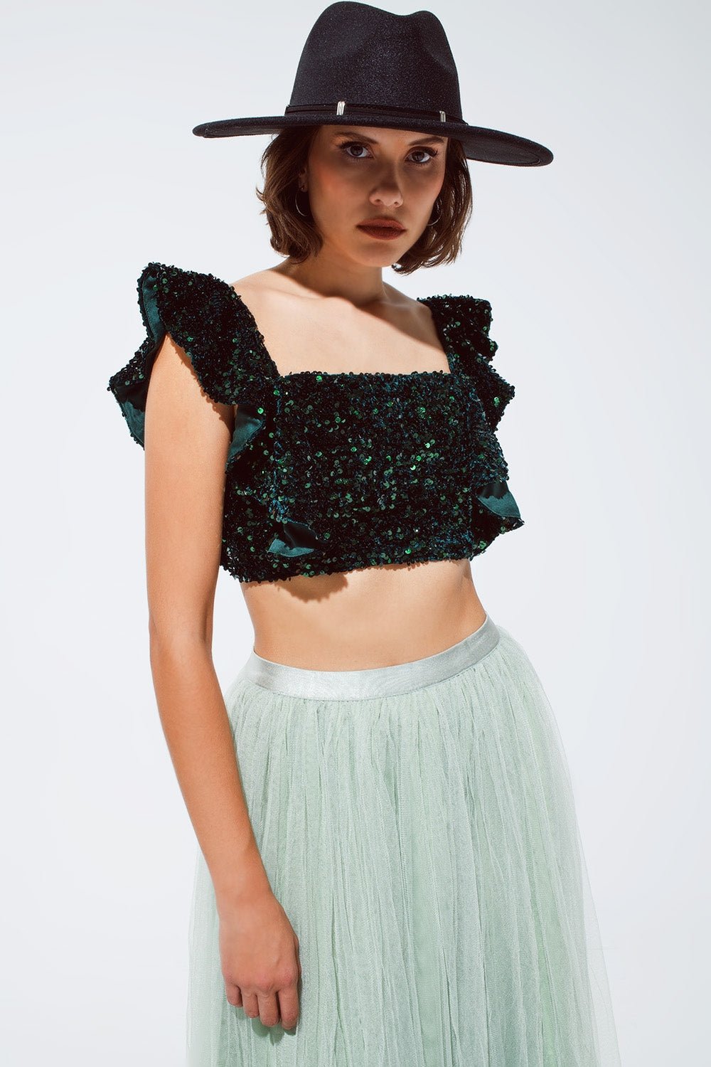 Top corto verde con paillettes e spalline larghe - Because I'm Different shop