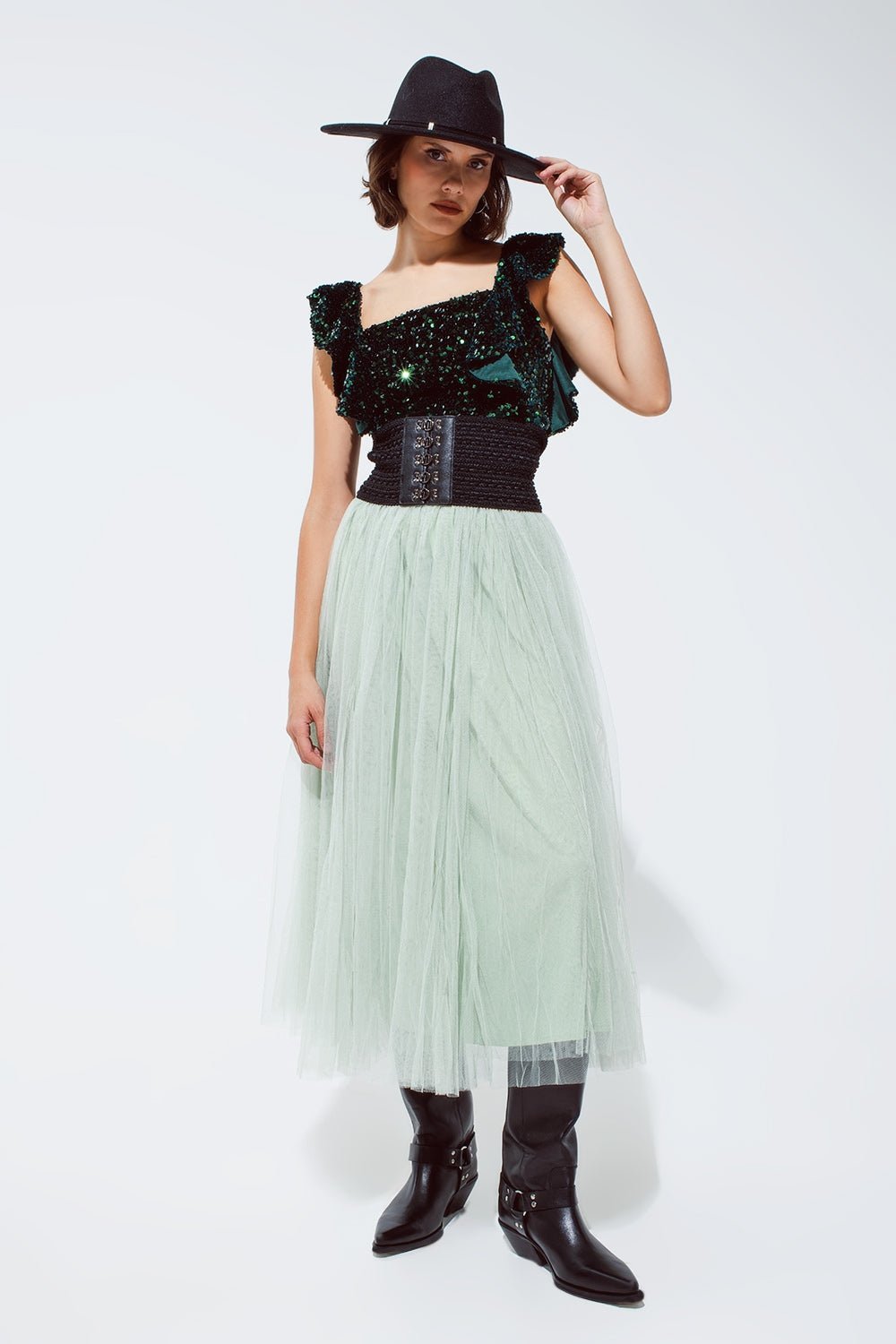 Top corto verde con paillettes e spalline larghe - Because I'm Different shop