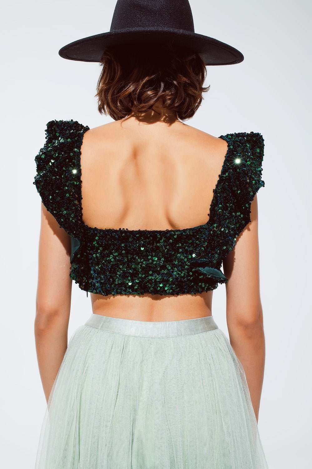 Top corto verde con paillettes e spalline larghe - Because I'm Different shop