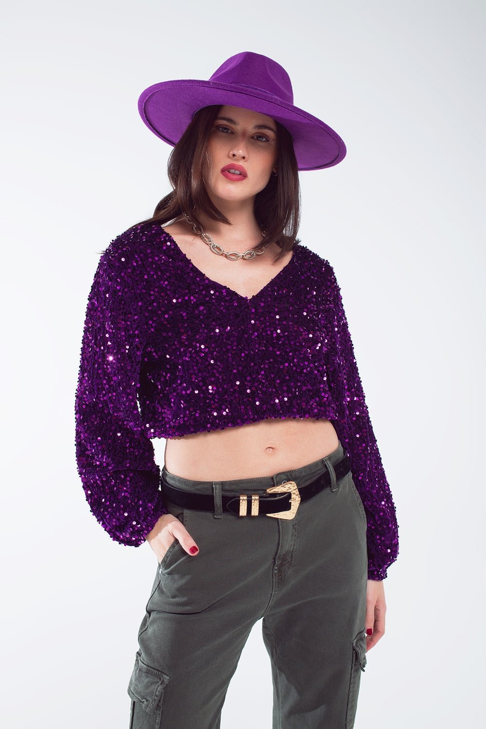 Top di paillettes viola con scollo a V, maniche a palloncino e schiena scoperta - Because I'm Different shop