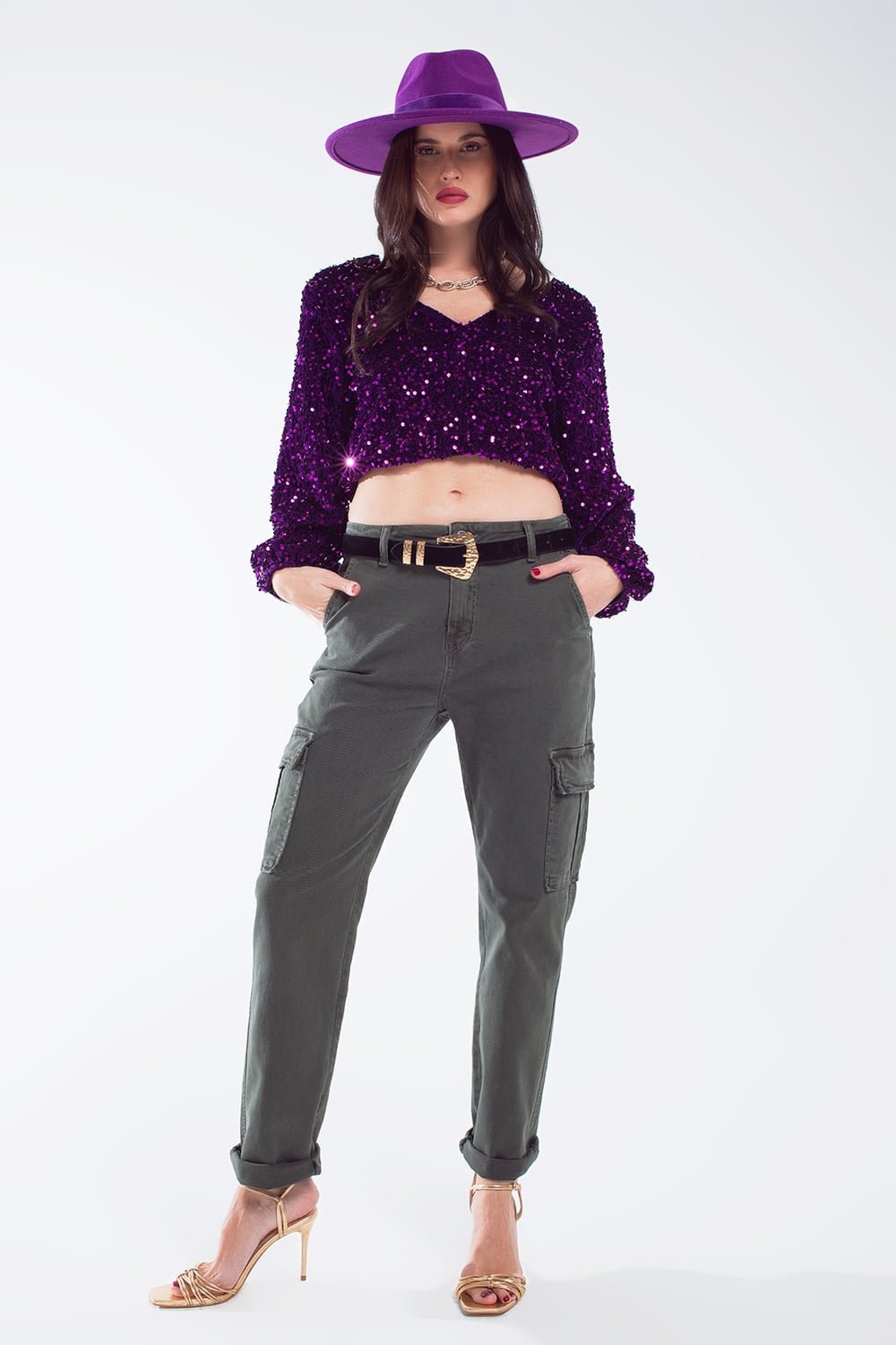 Top di paillettes viola con scollo a V, maniche a palloncino e schiena scoperta - Because I'm Different shop