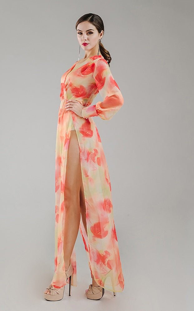 Abito Maxi in Chiffon Arancione con Motivo Floreale - Because I'm Different shop