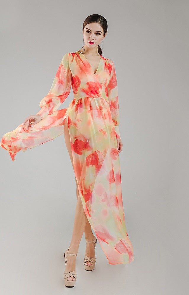 Abito Maxi in Chiffon Arancione con Motivo Floreale - Because I'm Different shop