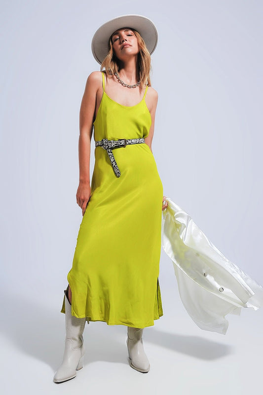 Abito sottoveste midi in raso con spalline sottili, verde. - Because I'm Different shop