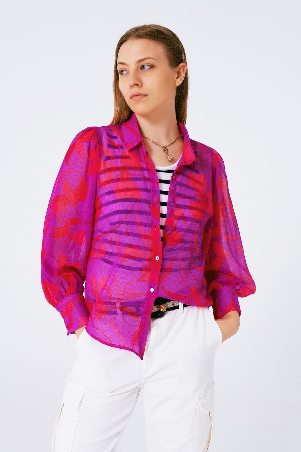 Blusa in chiffon con stampa floreale in fucsia - Because I'm Different shop