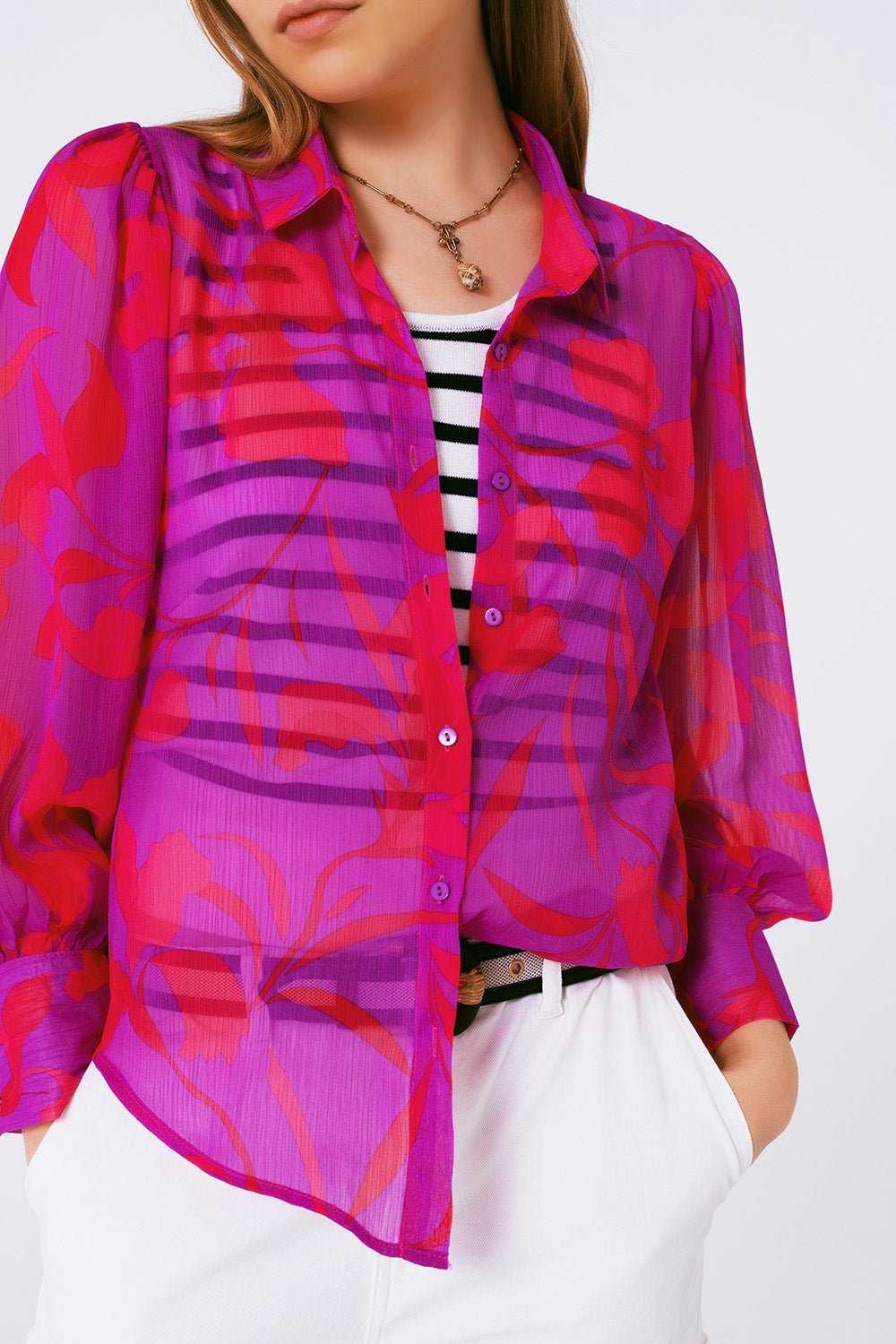 Blusa in chiffon con stampa floreale in fucsia - Because I'm Different shop