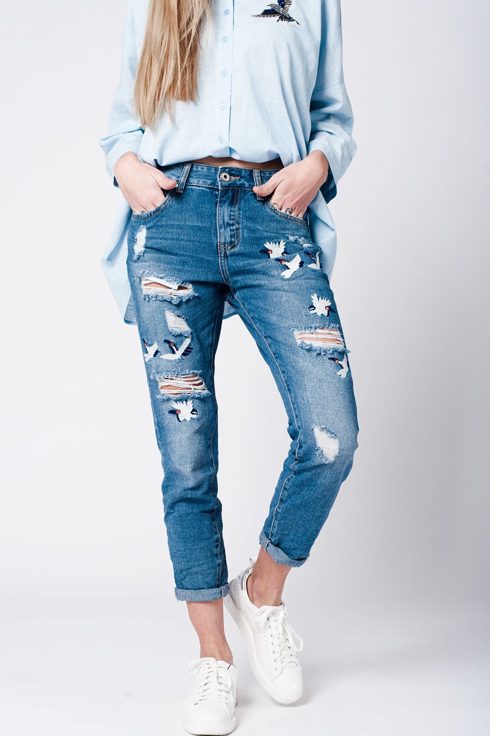 Jeans Mom Fit Lavaggio Blu con Ricamo Uccelli - Because I'm Different shop