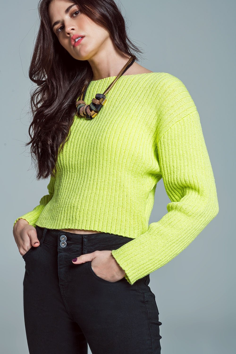 Maglione a Coste con Scollo Barchetta Relaxed in Verde Lime - Because I'm Different shop