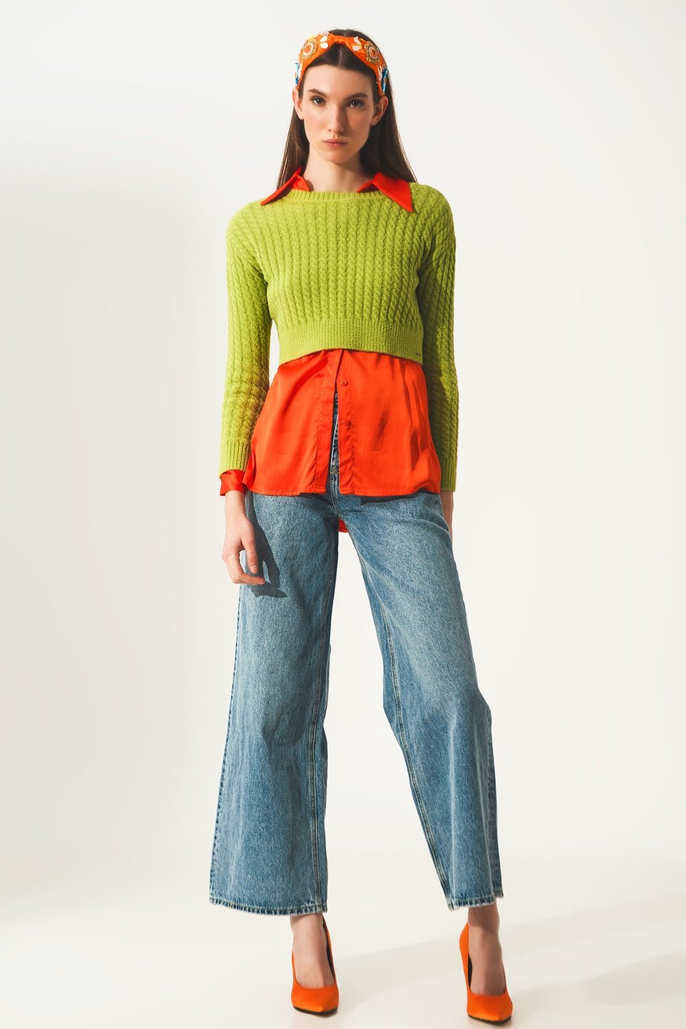 Maglione Crop a Treccia con Girocollo in Verde Lime - Because I'm Different shop