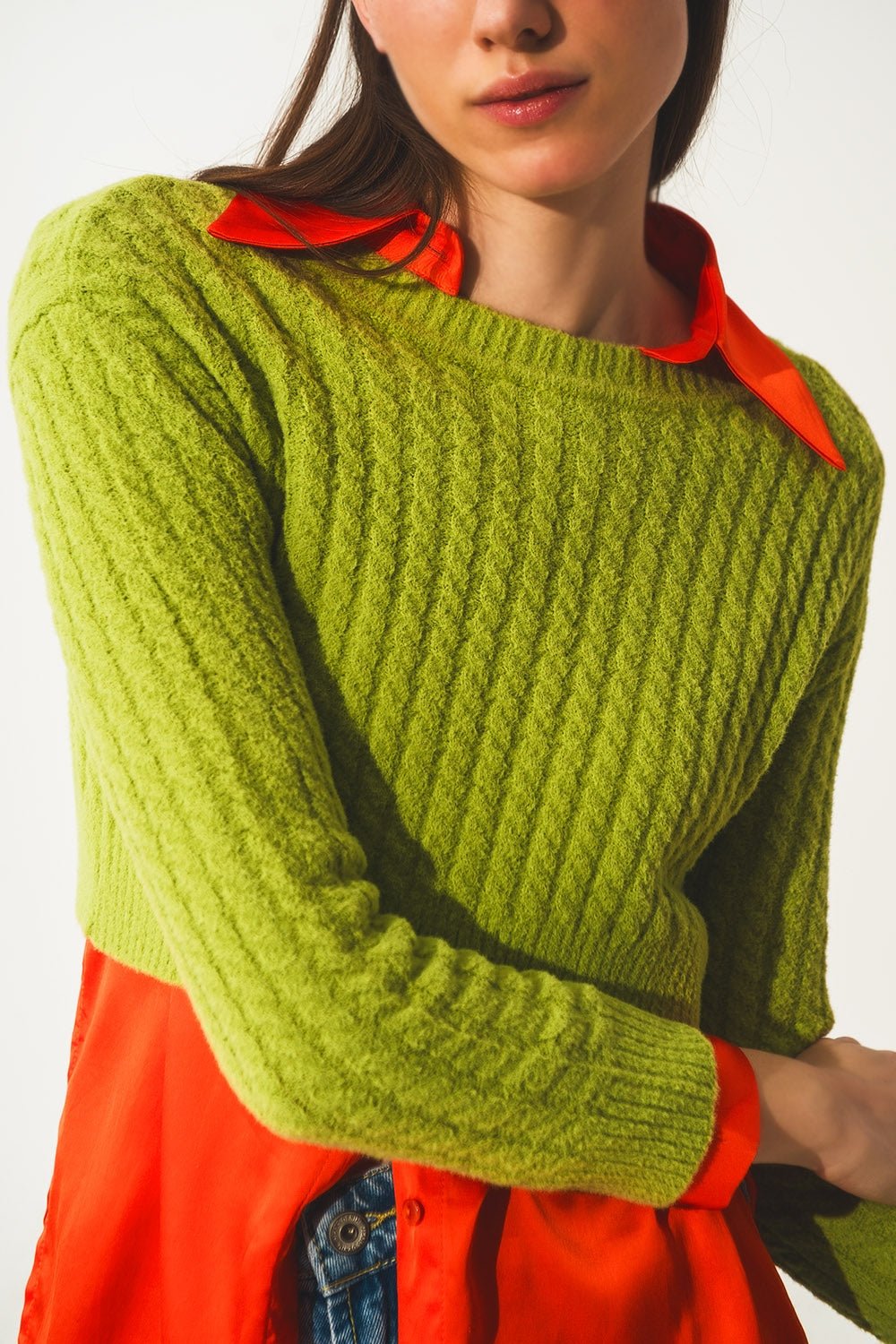 Maglione Crop a Treccia con Girocollo in Verde Lime - Because I'm Different shop