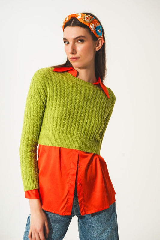 Maglione Crop a Treccia con Girocollo in Verde Lime - Because I'm Different shop