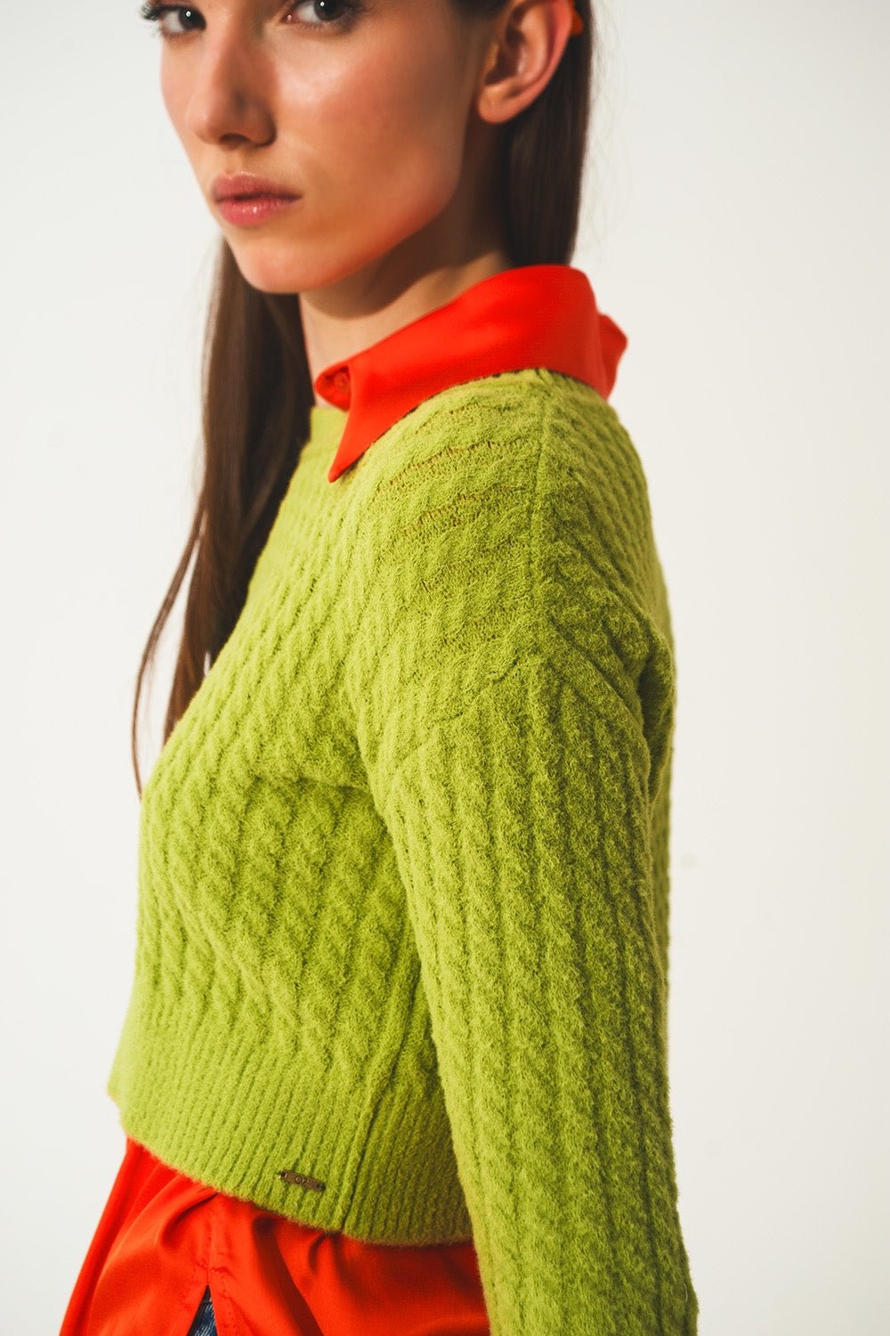 Maglione Crop a Treccia con Girocollo in Verde Lime - Because I'm Different shop