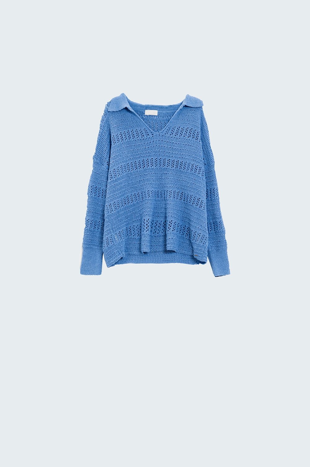 Maglione in Crochet a V con Collo Polo in Blu - Because I'm Different shop