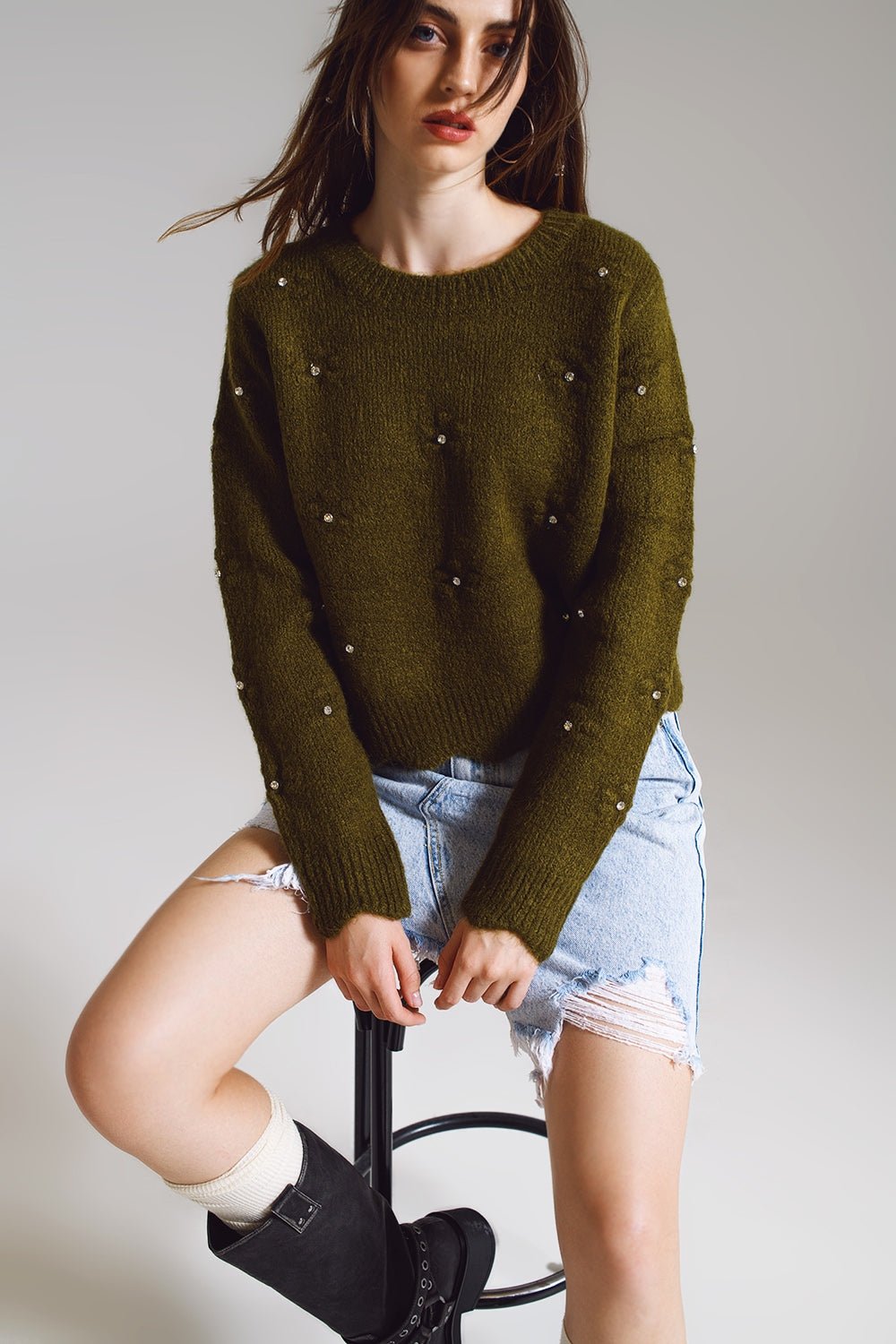 Maglione Lavorato a Maglia e Decorazioni con Strass in Colore Kaki - Because I'm Different shop