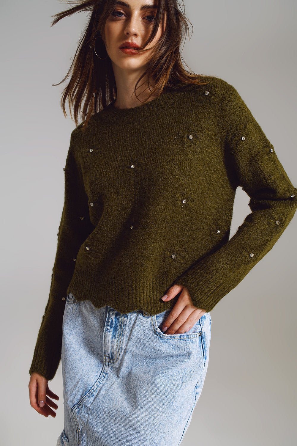 Maglione Lavorato a Maglia e Decorazioni con Strass in Colore Kaki - Because I'm Different shop