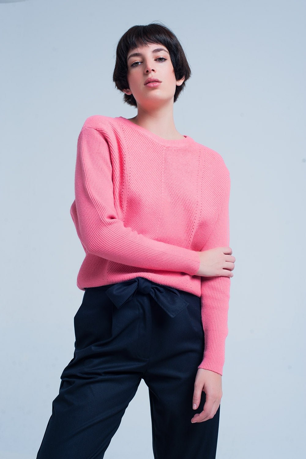 Pink Textured Sweater With Round Neck - Because I'm Different shop