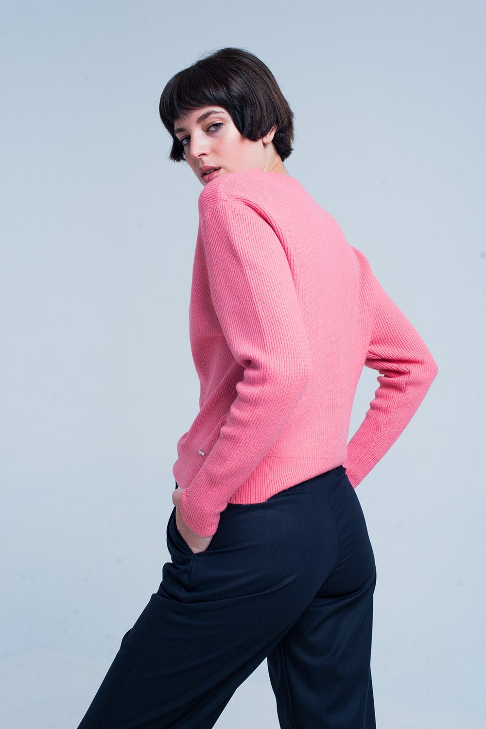 Pink Textured Sweater With Round Neck - Because I'm Different shop