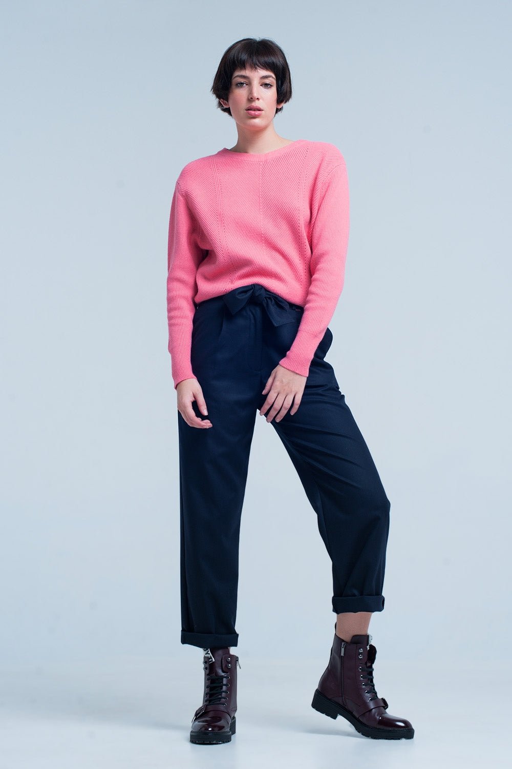 Pink Textured Sweater With Round Neck - Because I'm Different shop