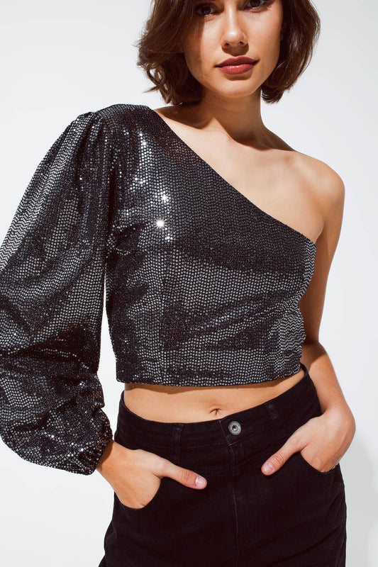 Top corto monospalla con dettagli glitterati in argento. - Because I'm Different shop