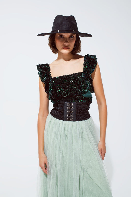 Top corto verde con paillettes e spalline larghe - Because I'm Different shop